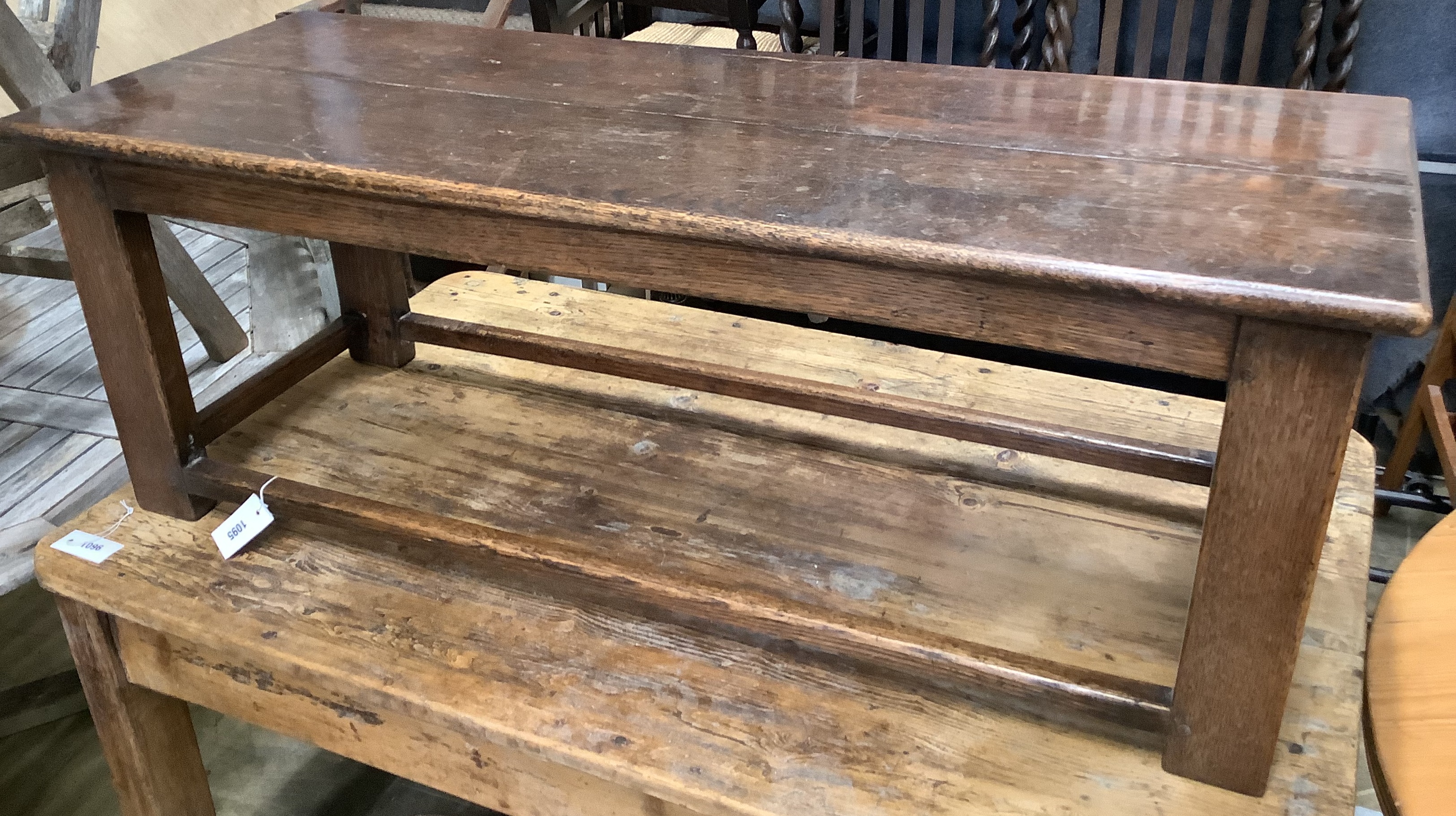 An 18th century style rectangular oak low table, width 126cm, depth 47cm, height 46cm